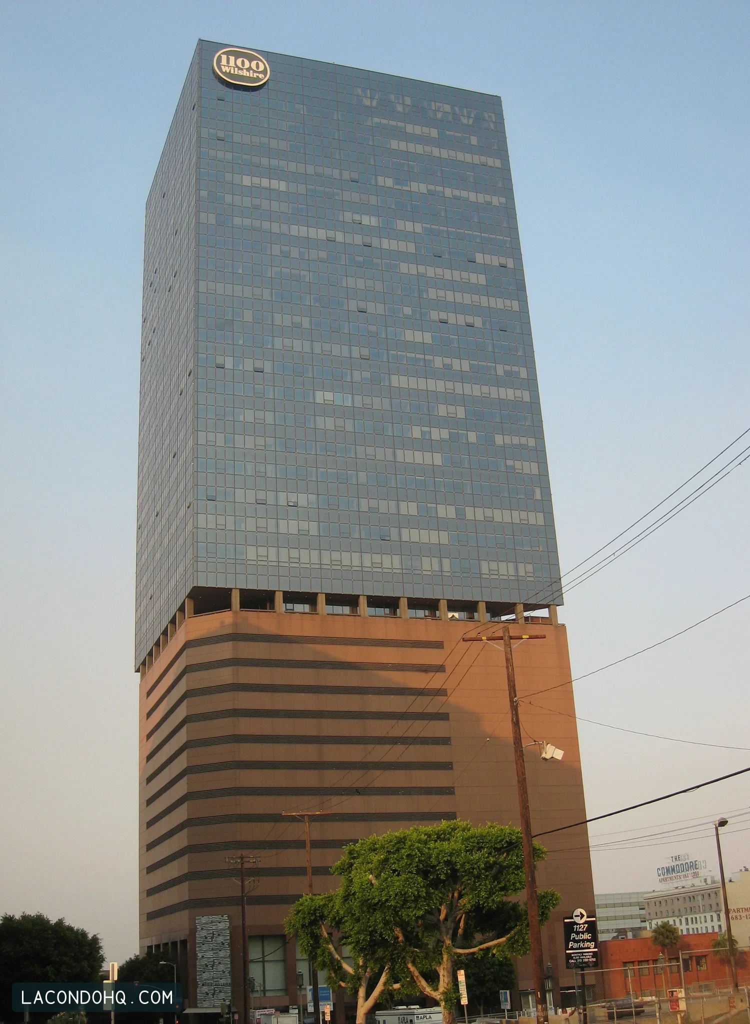 1100 Wilshire’s glass tower rising above its bronze-toned podium on Wilshire Boulevard in Downtown Los Angeles, photographed in July 2008.