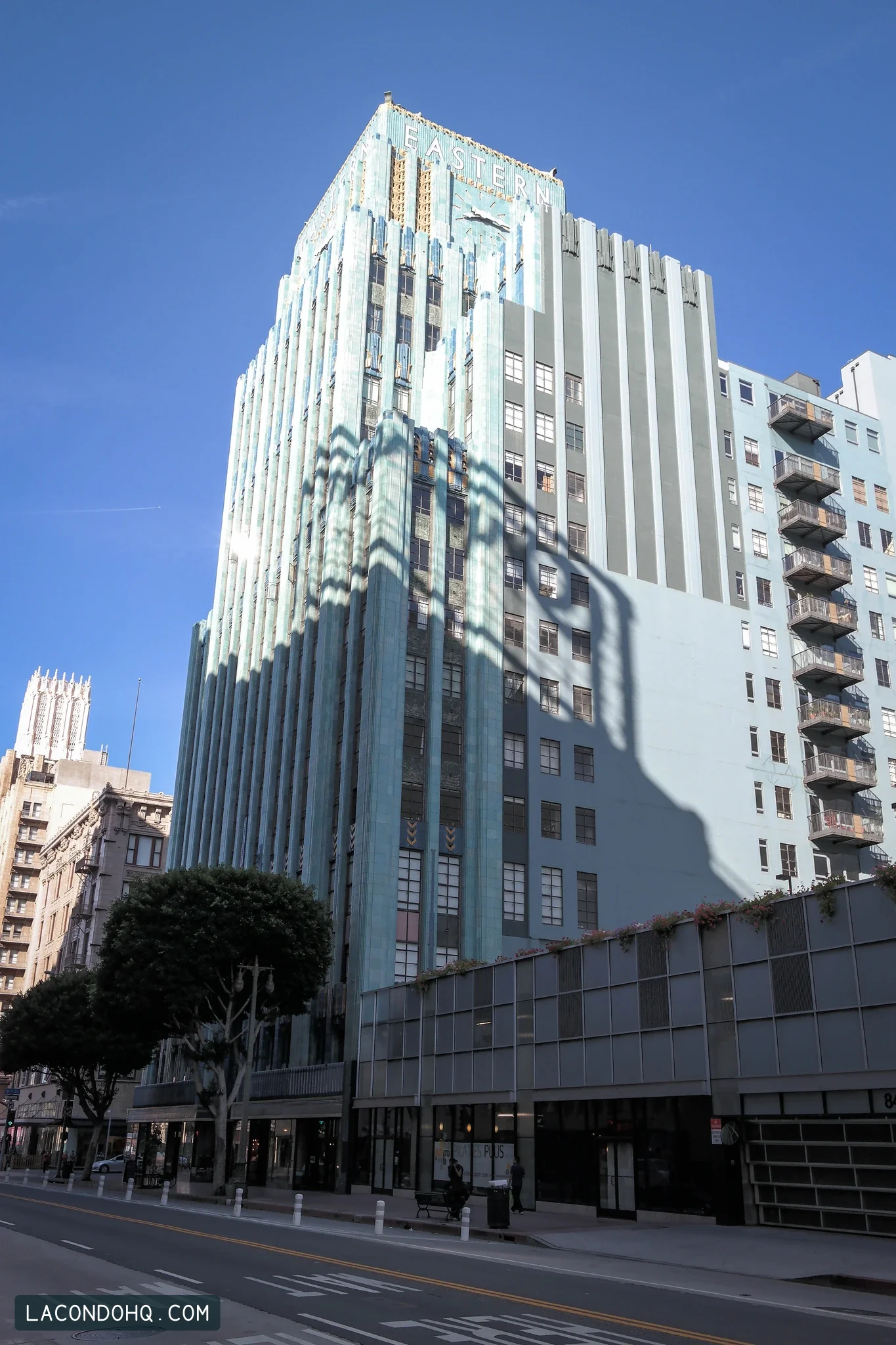 Eastern Columbia Building’s turquoise facade and clock tower in Downtown Los Angeles, photographed in April 2014.